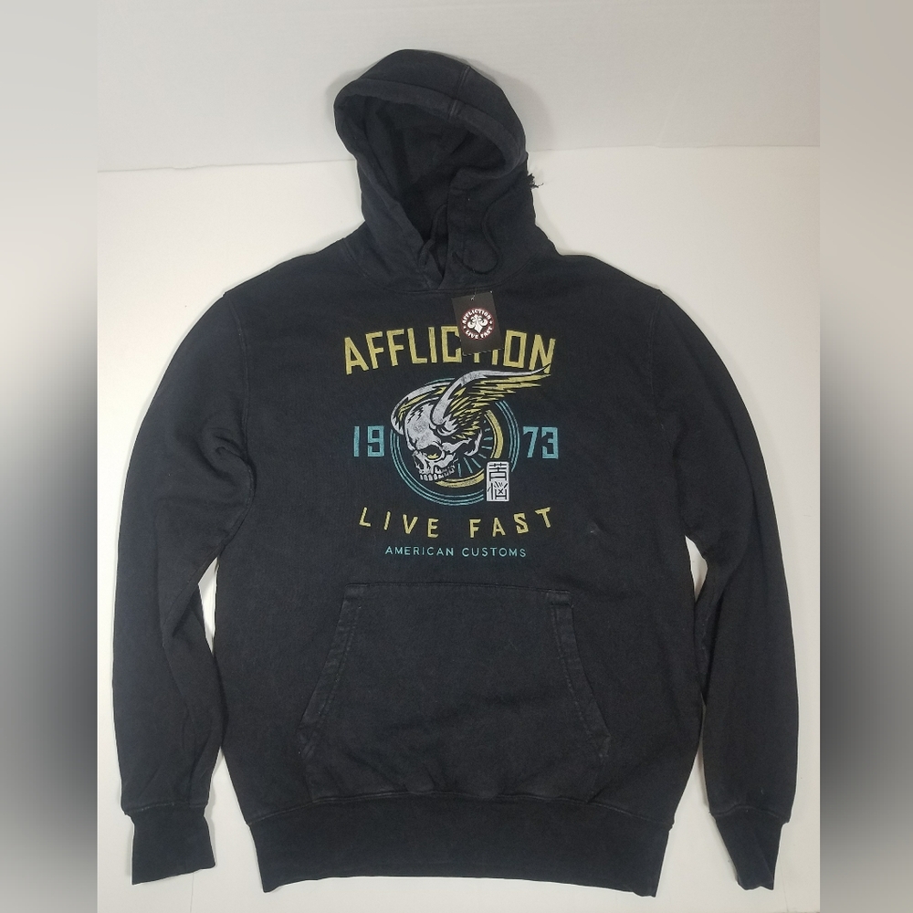 NEW W TAG AFFLICTION LIVE FAST 1973 BLACK MED SWEATSHIRT PULLOVER HOODIE SKULL